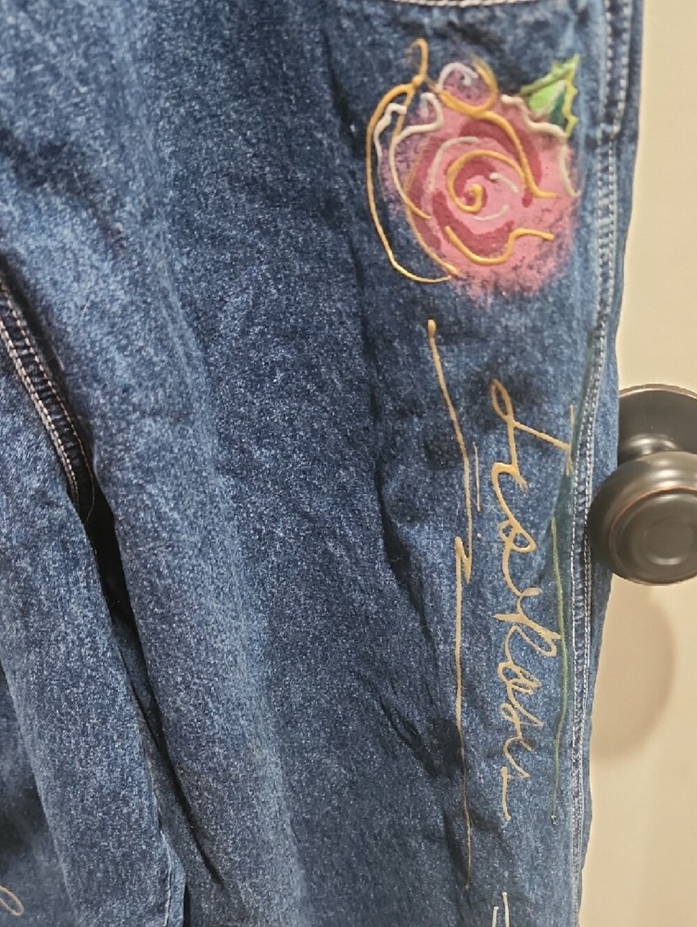 Vintage Revolt Denim Overalls – Hand Painted Floral Wide Leg Boho Y2K Size 16 - Picture 5 of 6